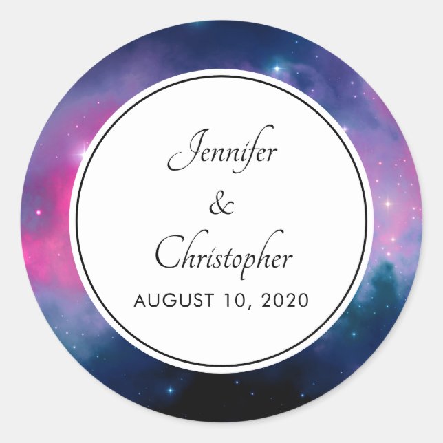 Stylish Pink & Blue Galaxy Stars Abstract Wedding Classic Round Sticker (Front)