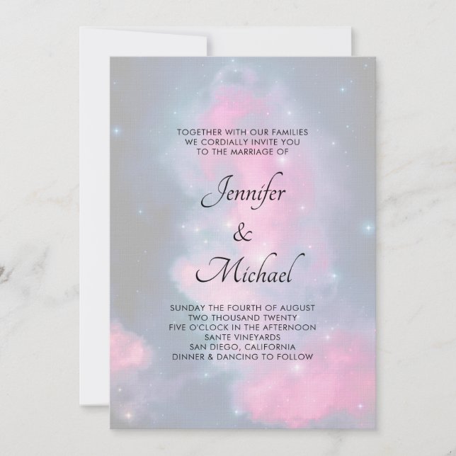 Stylish Pink & Blue Galaxy Stars Abstract Wedding Invitation (Front)