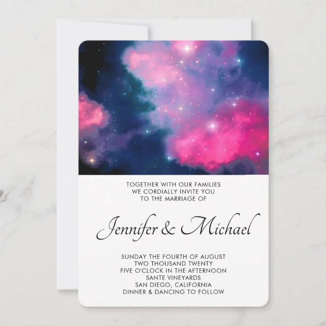 Stylish Pink & Blue Galaxy Stars Abstract Wedding Invitation (Front)