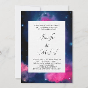 Stylish Pink & Blue Galaxy Stars Abstract Wedding Invitation