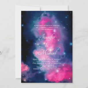 Stylish Pink & Blue Galaxy Stars Abstract Wedding Invitation