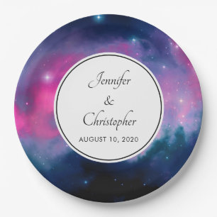 Stylish Pink & Blue Galaxy Stars Abstract Wedding Paper Plate