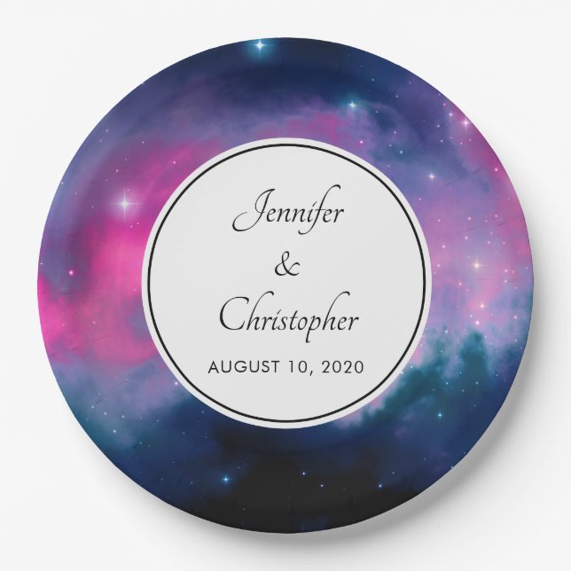 Stylish Pink & Blue Galaxy Stars Abstract Wedding Paper Plate (Front)