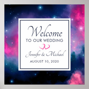 Stylish Pink & Blue Galaxy Stars Abstract Wedding Poster