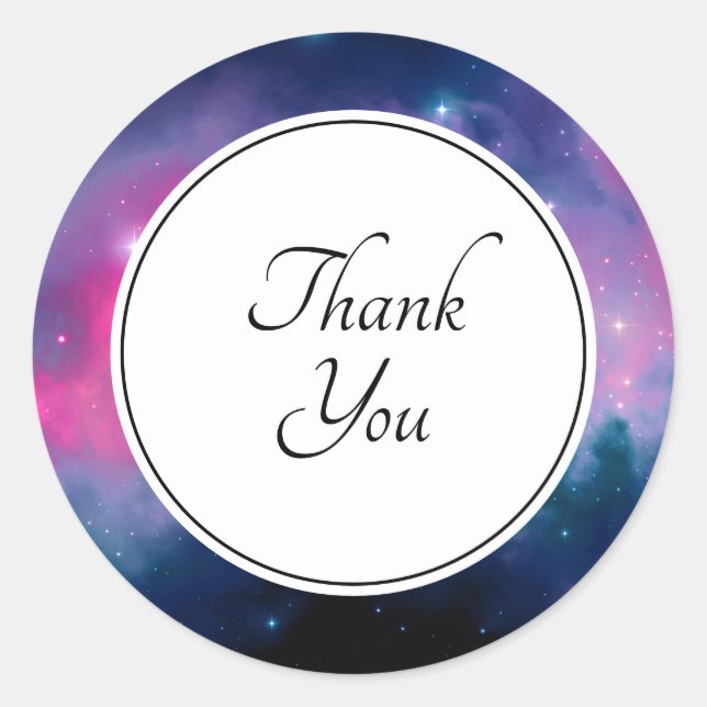 Stylish Pink & Blue Galaxy Stars Thank You Classic Round Sticker (Front)