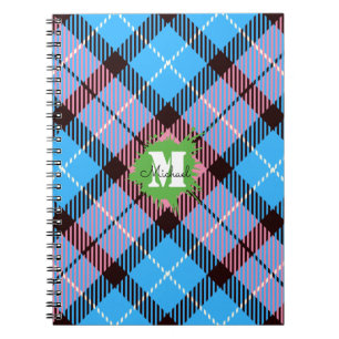 Stylish Pink Blue Tartan Custom Monogram Script Notebook