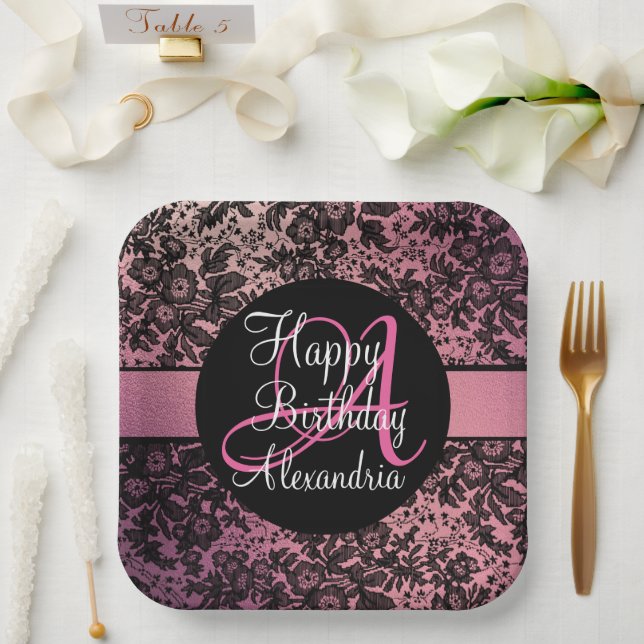 Stylish Pink Blush Black Floral Monogram Birthday Paper Plate (Wedding)