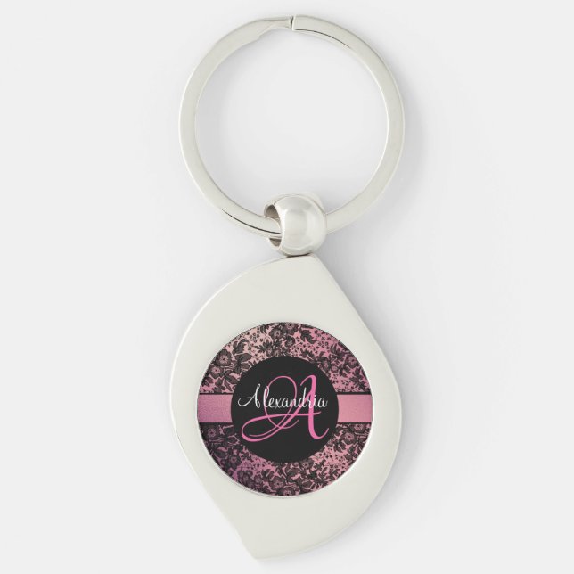 Stylish Pink Blush Black Floral Monogram Custom Key Ring (Front)
