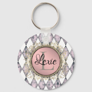 Stylish Pink Blush Harlequin Monogram Key Ring