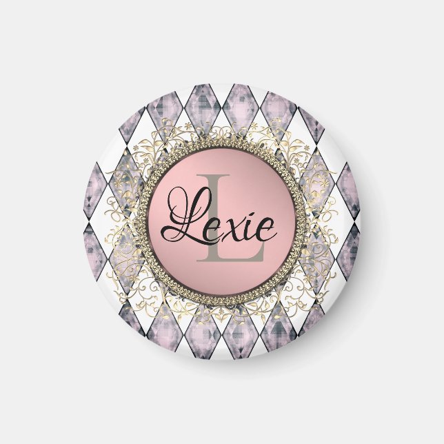 Stylish Pink Blush Harlequin Monogram  Magnet (Front)