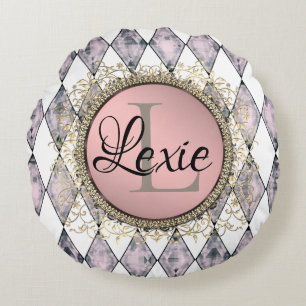 Stylish Pink Blush Harlequin Monogram  Round Cushion