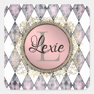 Stylish Pink Blush Harlequin Monogram  Square Sticker