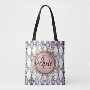 Stylish Pink Blush Harlequin Monogram Tote Bag