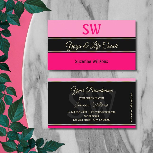 Stylish Pink Borders on Black Chic with Monogram Business Card (Creator Uploaded)