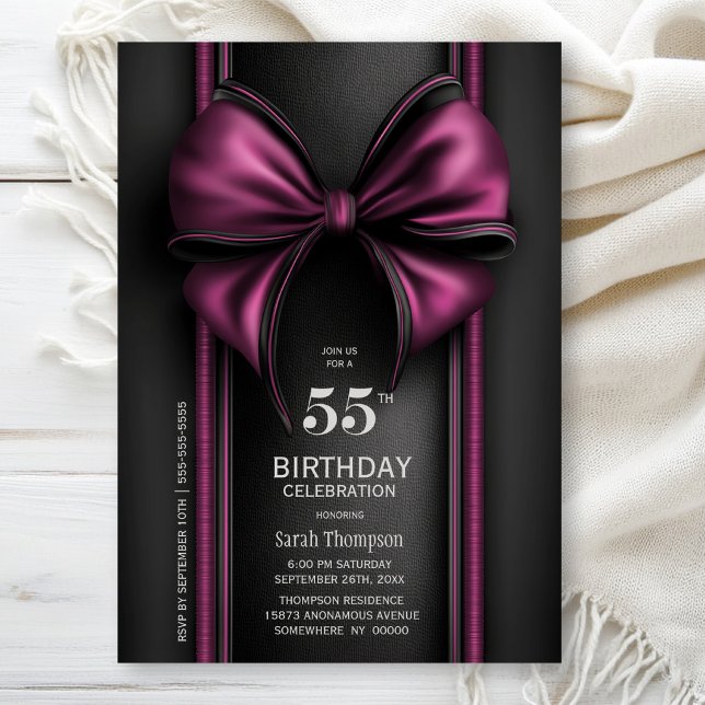 Stylish Pink Bow 55th Birthday Party Invitation (Creator Uploaded)