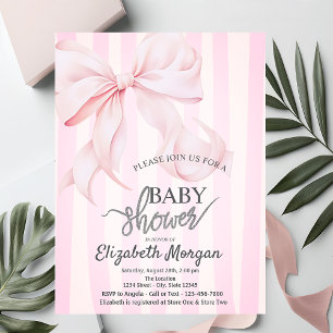 Stylish Pink Bow Pink Striped Baby Shower Invitation