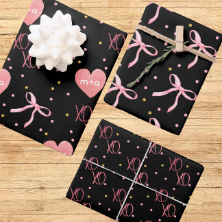 Stylish Pink Bows Hearts & XOs on Black Background Wrapping Paper Sheet