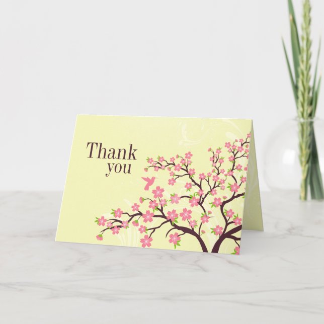 Stylish pink cherry blossom wedding thank you card (Front)