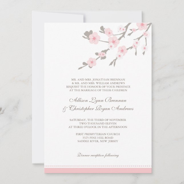 Stylish Pink Cherry Blossoms Wedding Invitation (Front)