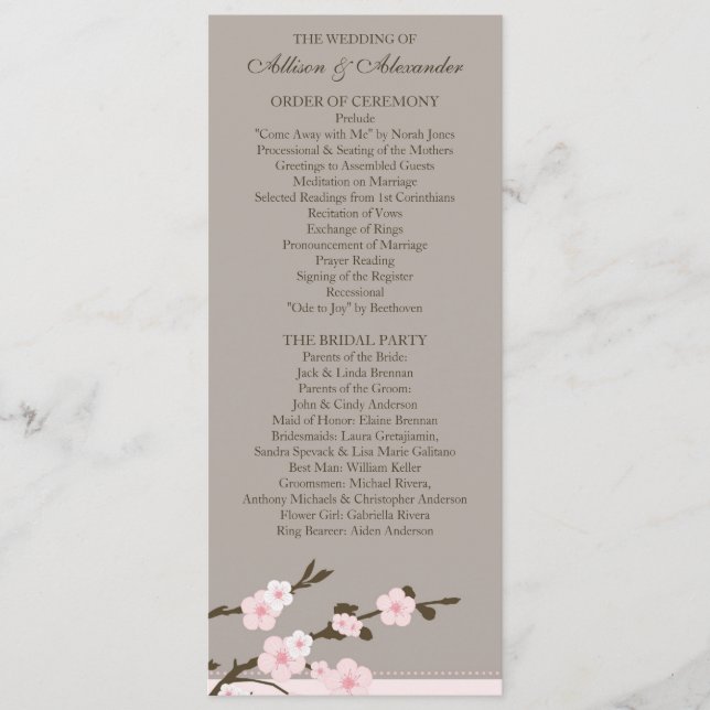 Stylish Pink Cherry Blossoms Wedding Program Programme (Front)