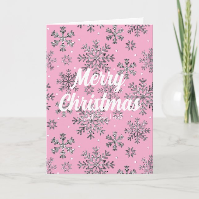 Stylish Pink Christmas Card w/ Elegant Snowflakes (Front)