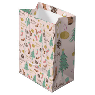 Stylish Pink Christmas Festive Motifs Medium Gift Bag