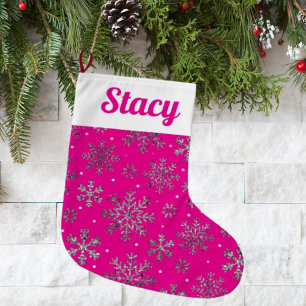 Stylish Pink Christmas w/ Elegant Snowflakes Large Christmas Stocking