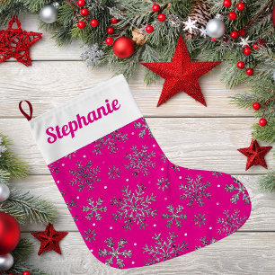 Stylish Pink Christmas w/ Elegant Snowflakes Large Christmas Stocking