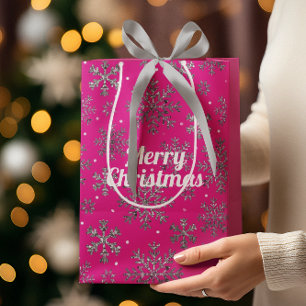 Stylish Pink Christmas w/ Elegant Snowflakes Medium Gift Bag