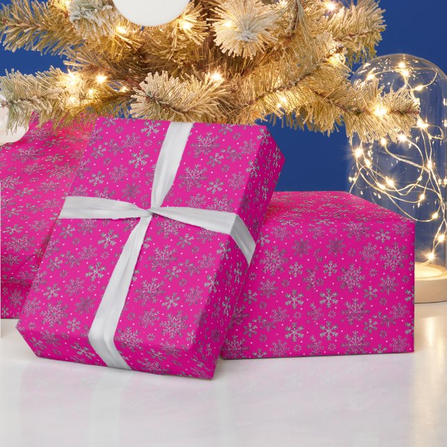 Stylish Pink Christmas w/ Elegant Snowflakes Wrapping Paper (Holidays)