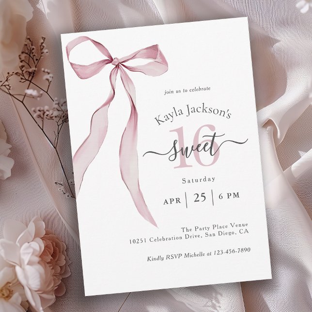 Stylish Pink Coquette Bow Sweet 16 Birthday Invitation (Available in both printed and instant download digital formats.)