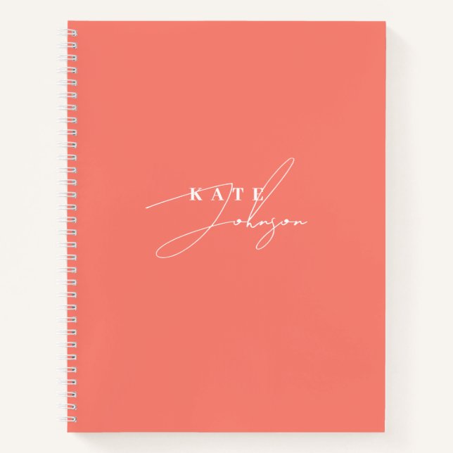 Stylish Pink Coral Signature Script Monogram Notebook (Front)