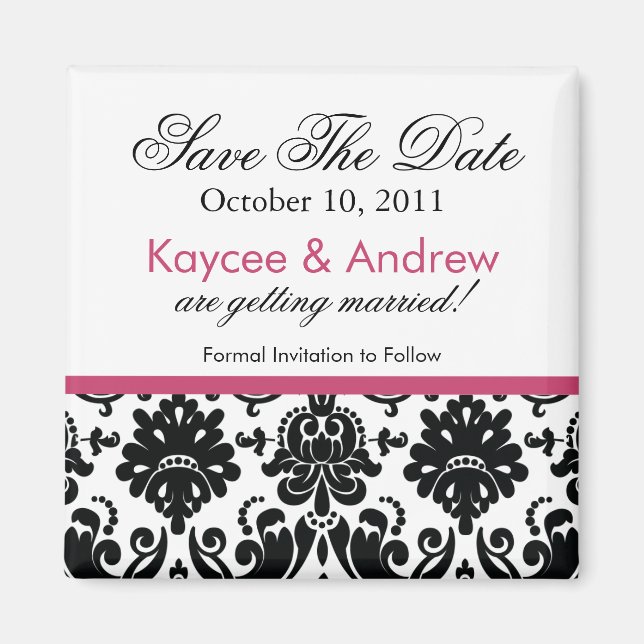 Stylish Pink Damask Save The Date Magnet (Front)