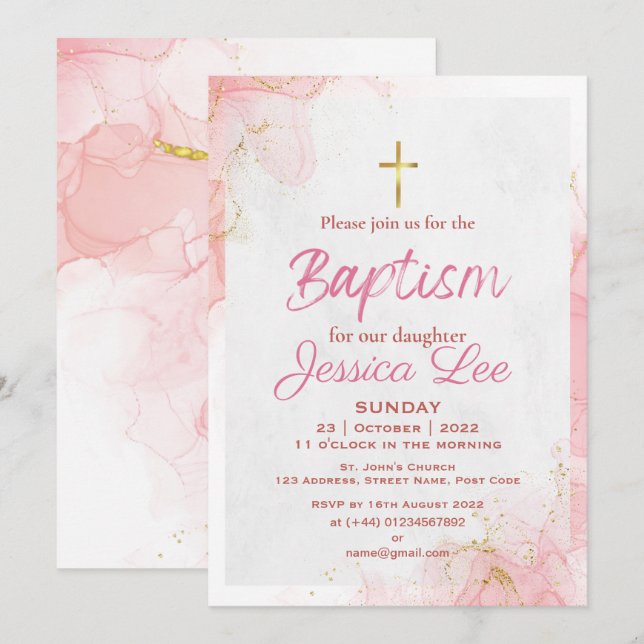 Stylish Pink Daughter Baptism Invitation Card (Front/Back)