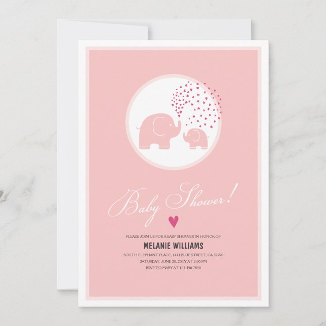 Stylish Pink Elephants Baby Girl Shower Invitation (Front)