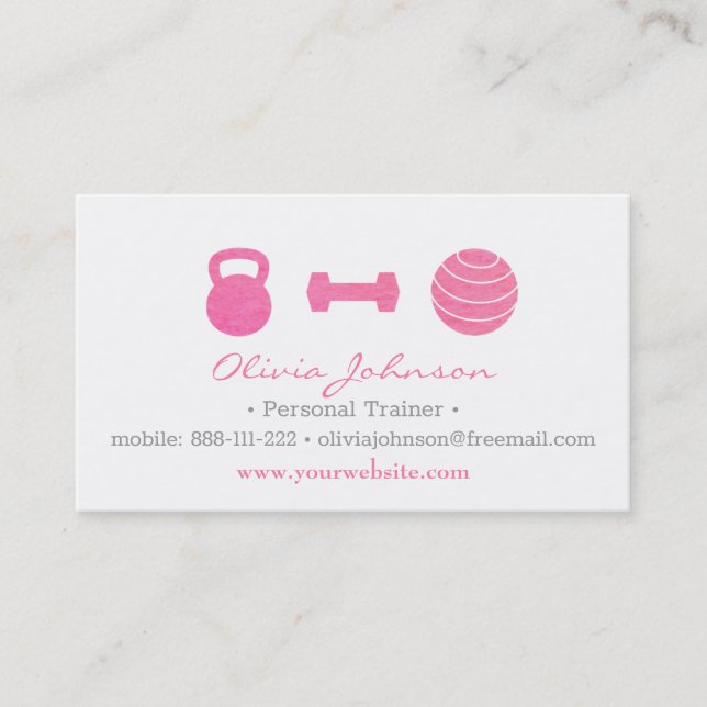 Stylish Pink Female Fitness Personal Trainer Business Card (Front)