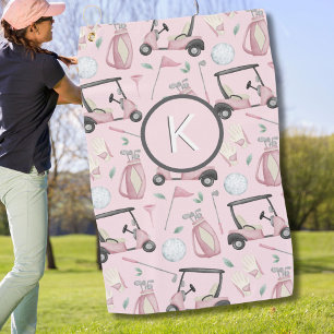 Stylish Pink Feminine Golf Design Custom Monogram Towel