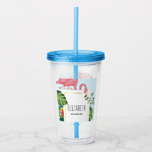 Stylish Pink Flamingo and Tropical Leaves Acrylic Tumbler