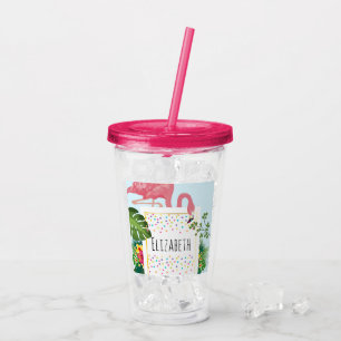 Stylish Pink Flamingo and Tropical Leaves Acrylic Tumbler