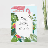 Stylish Pink Flamingo and Tropical Leaves Birthday