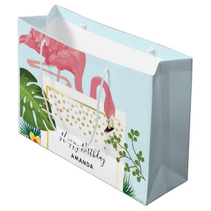 Stylish Pink Flamingo and Tropical Leaves Birthday Large Gift Bag