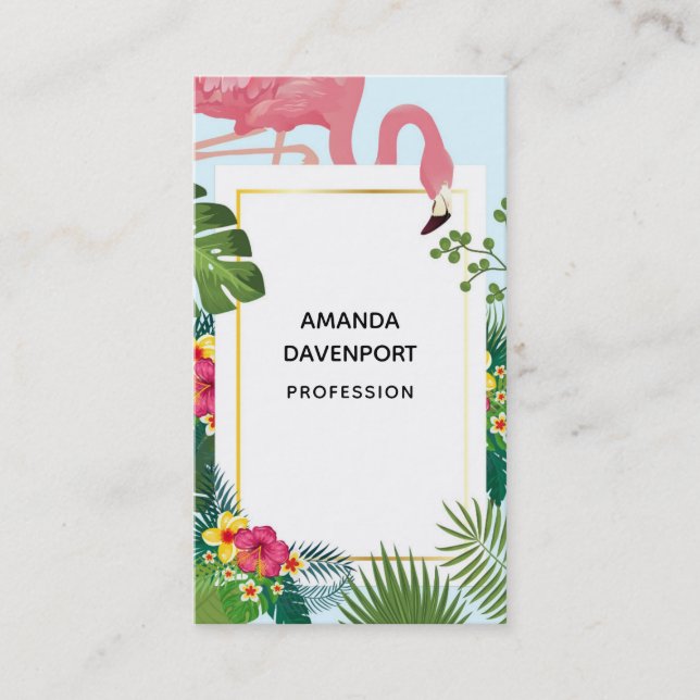 Stylish Pink Flamingo and Tropical Leaves Business Card (Front)