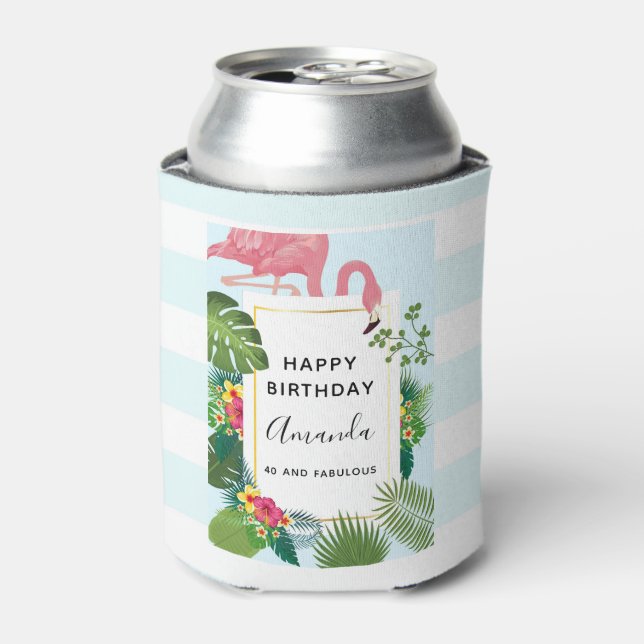 Stylish Pink Flamingo and Tropical Leaves Can Cooler (Can Front)