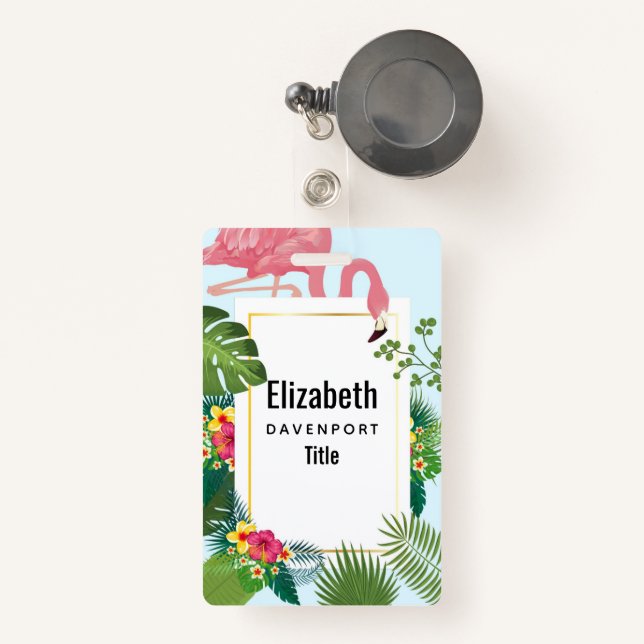 Stylish Pink Flamingo and Tropical Leaves ID Badge (Front with Retractable)
