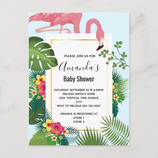 Stylish Pink Flamingo and Tropical Leaves Invitation Postcard (Front)