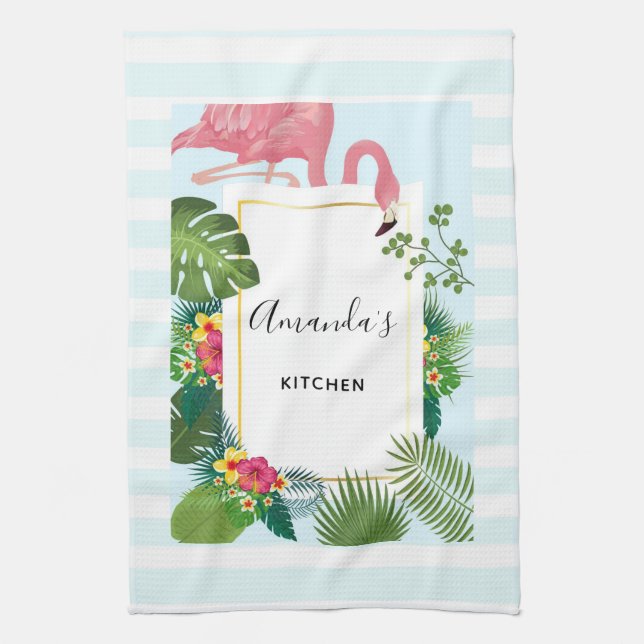 Stylish Pink Flamingo and Tropical Leaves Kitchen  Tea Towel (Vertical)