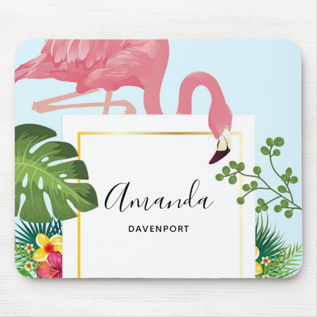 Stylish Pink Flamingo and Tropical Leaves Mouse Mat (Front)