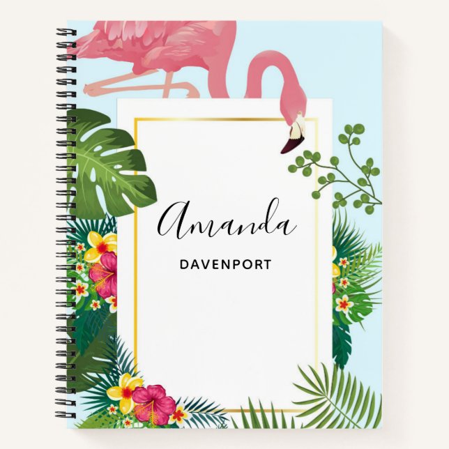 Stylish Pink Flamingo and Tropical Leaves Notebook (Front)
