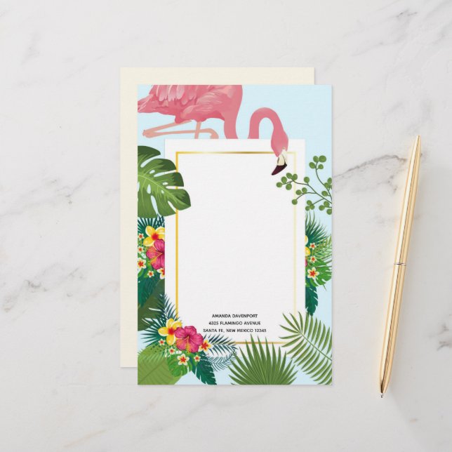 Stylish Pink Flamingo and Tropical Leaves Stationery (Front/Back In Situ)