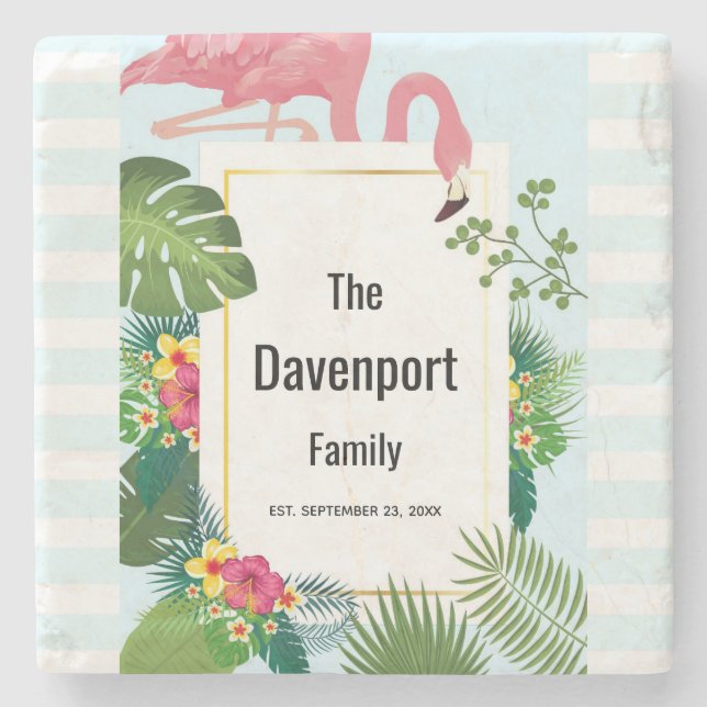 Stylish Pink Flamingo and Tropical Leaves Stone Co Stone Coaster (Front)